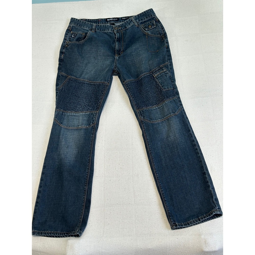 Ecko Unltd Mens Straight Fit Moto Jeans Blue Denim Quilted Knee 37x31
